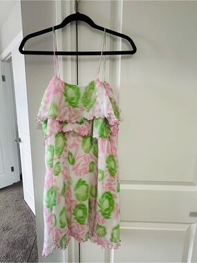 Ganni Floral Ruffle Spaghetti Strap Dress — Pink & Green